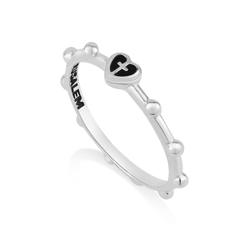 Black enamel heart and cross rosary band ring in 925 sterling silver by Marina Jewelry