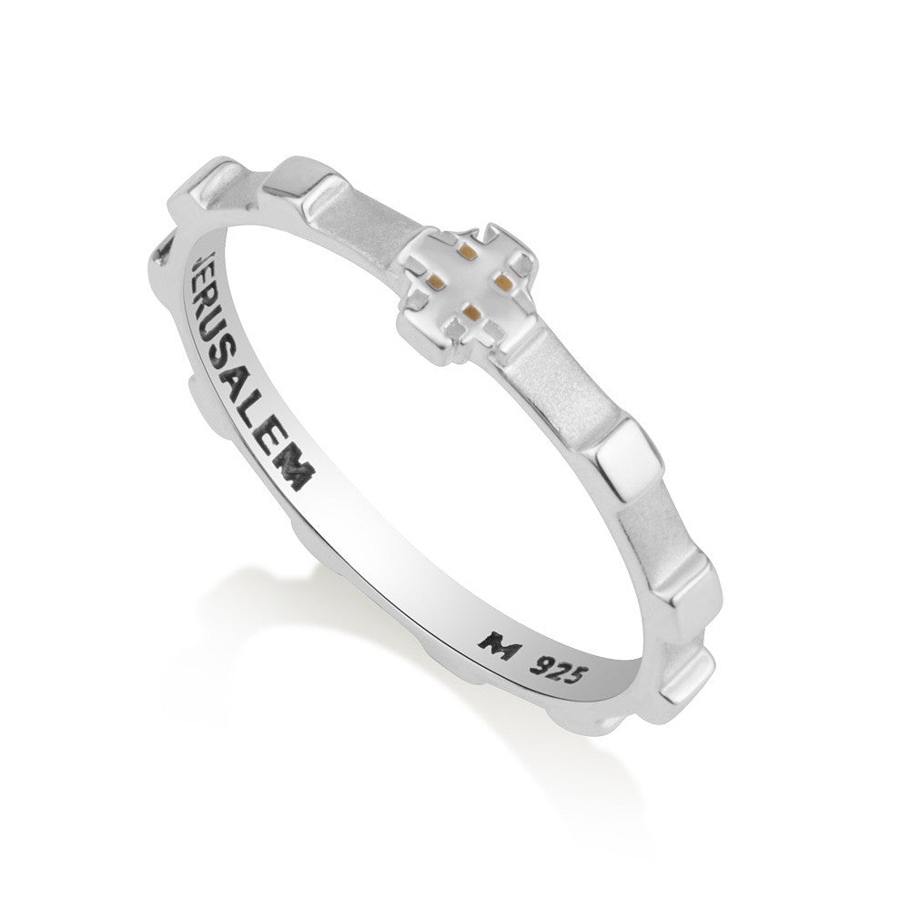 Slim sterling silver decade rosary ring with Jerusalem Cross by Marina Jewelry