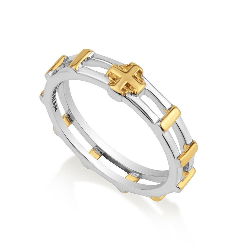 Two-tone Jerusalem Cross rosary ring with gold-plated bars by Marina Jewelry