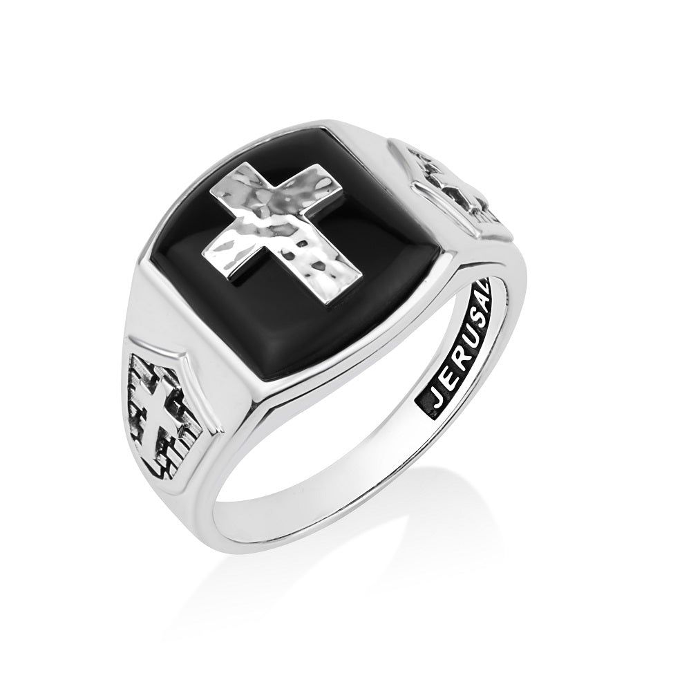 Men's hammered onyx cross signet ring in 925 sterling silver by Marina Jewelry