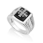 Men's black onyx Jerusalem Cross signet ring with braided shoulders by Marina Jewelry
