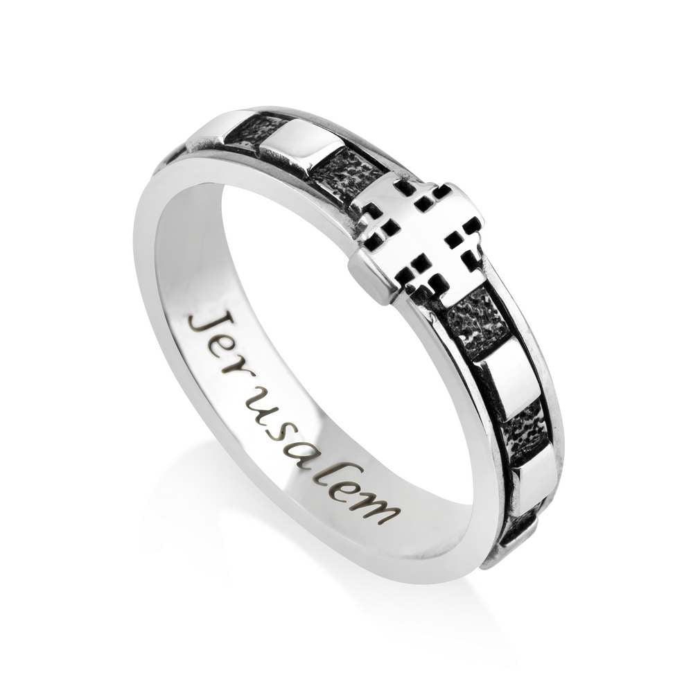 Rosary Band Ring, Jerusalem Cross Engraved, Oxidized Silver