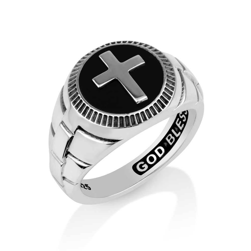 Onyx Cross Signet Ring in 925 Sterling Silver, God Bless