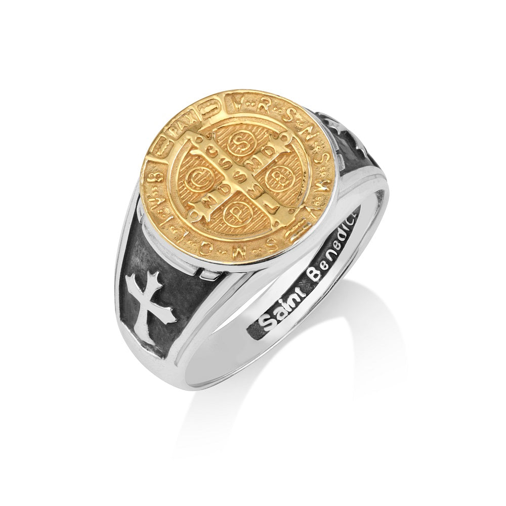 Saint Benedict gold-plated signet ring in 925 sterling silver by Marina Jewelry