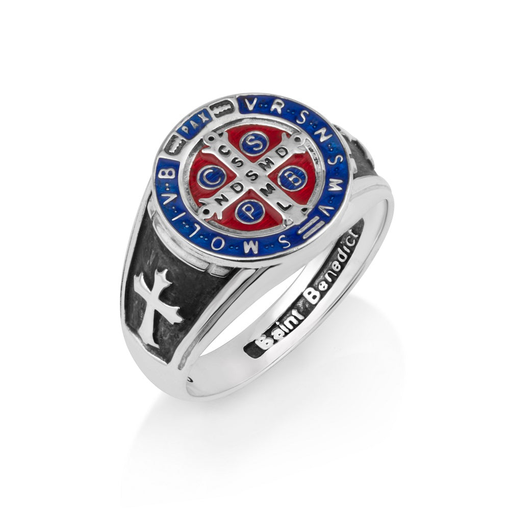 Saint Benedict blue and red enamel signet ring in 925 sterling silver by Marina Jewelry