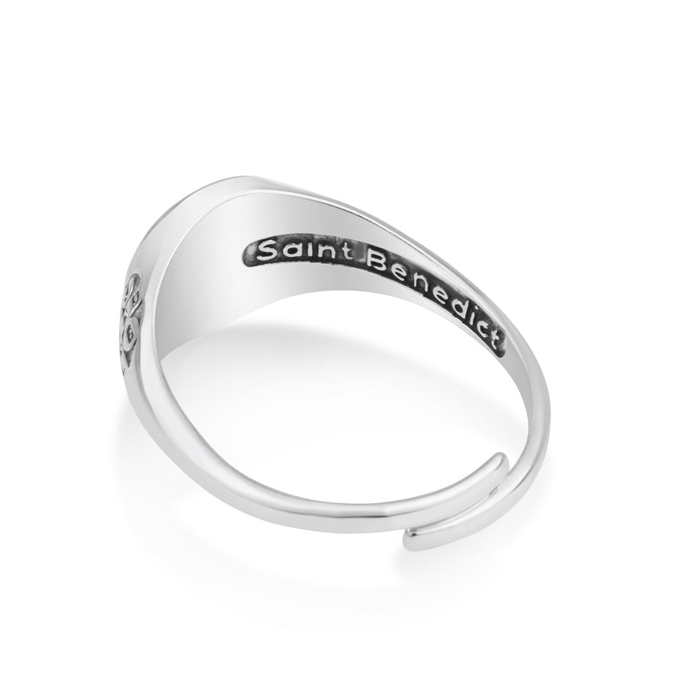 Saint Benedict Ring in 925 Sterling Silver, Blue & Red Enamel, Adjustable – back view