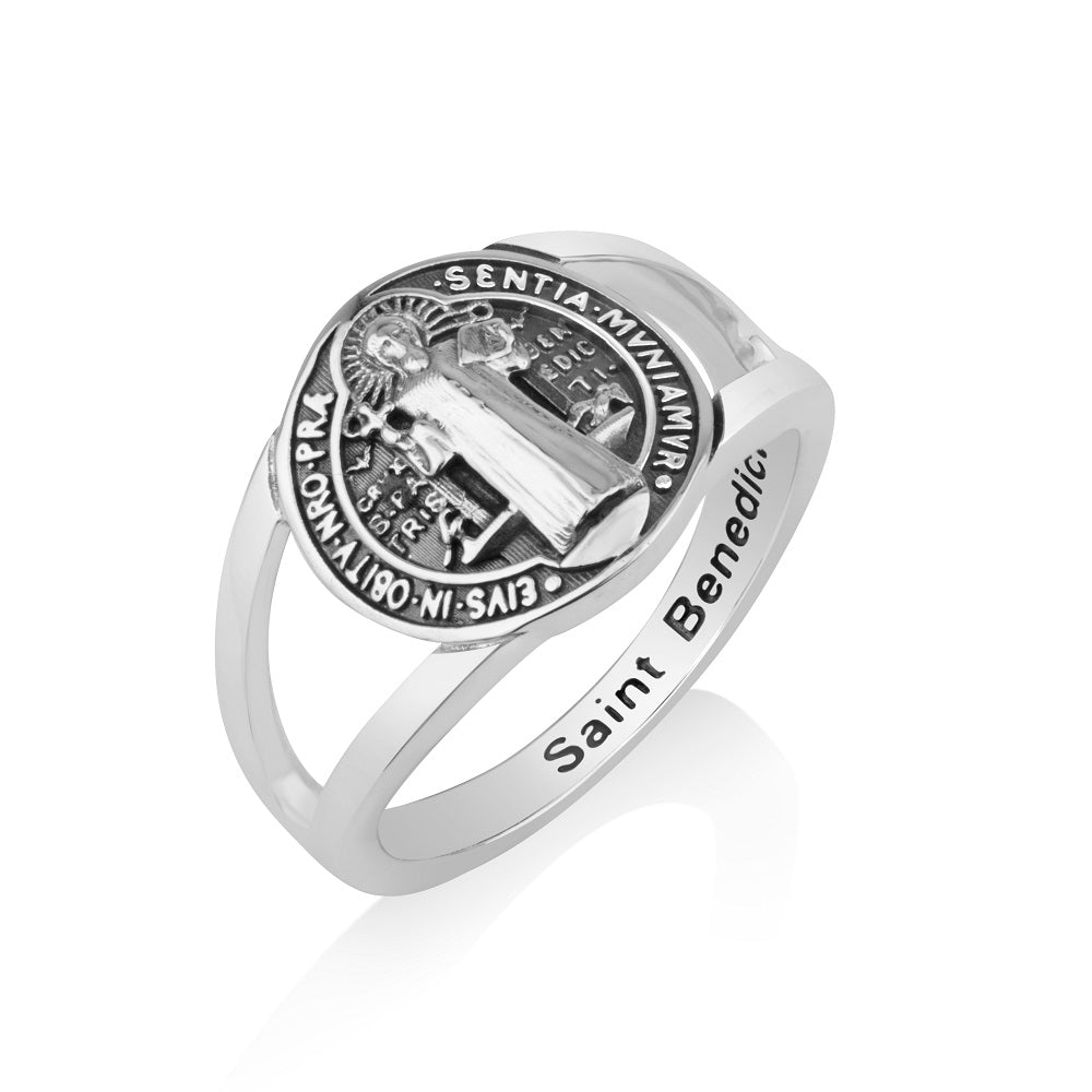 Saint Benedict medal split-band ring in 925 sterling silver by Marina Jewelry