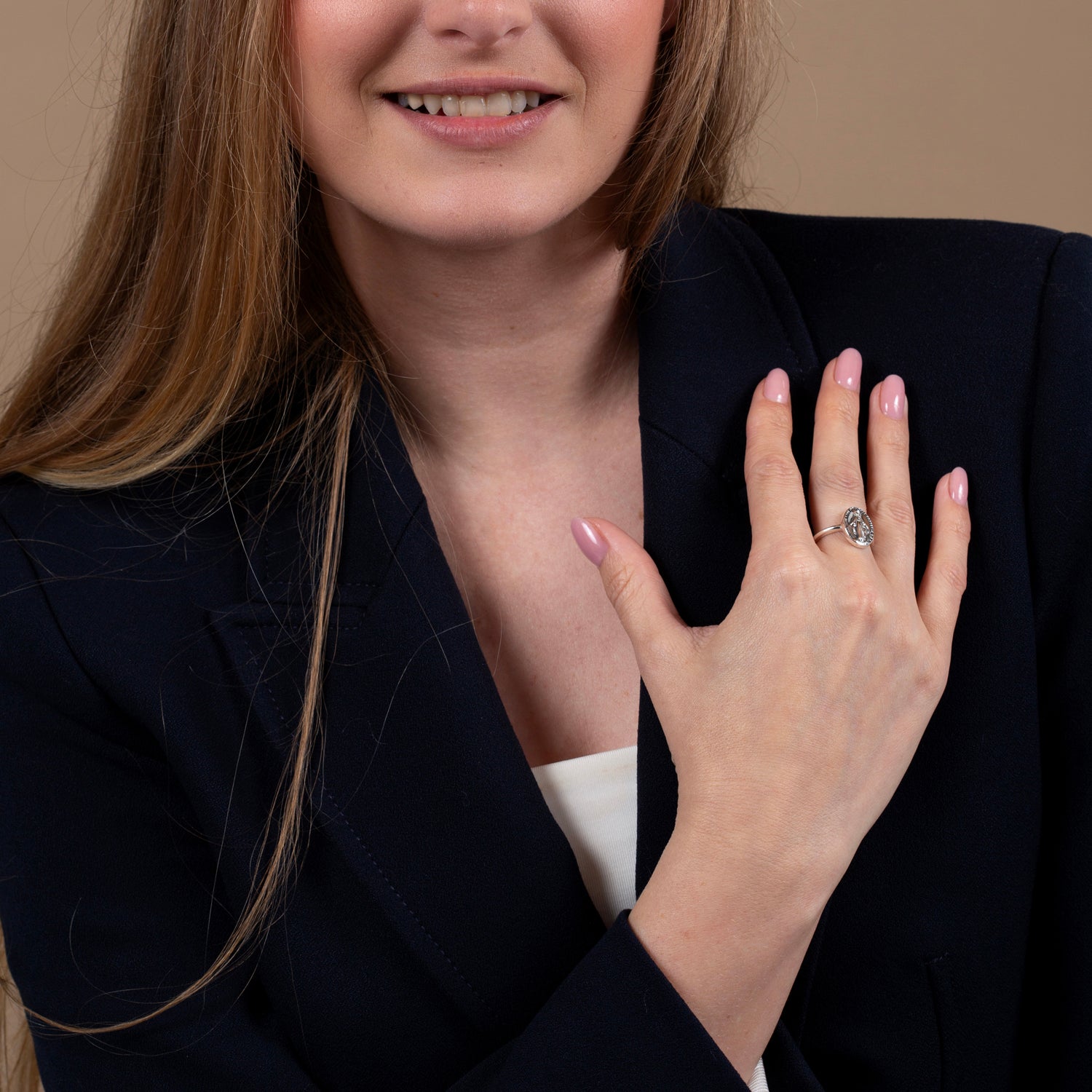 Miraculous Medal Ring in 925 Sterling Silver, Slim – shown worn