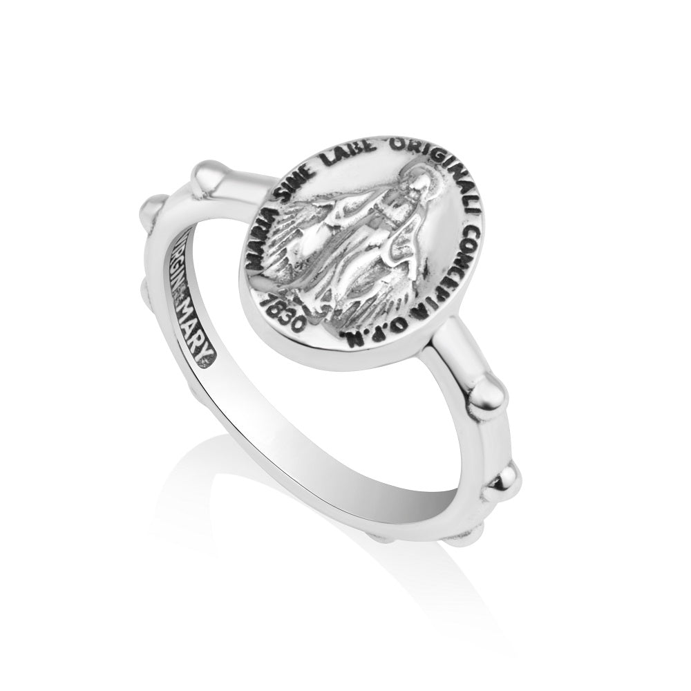 Miraculous Medal rosary band ring in 925 sterling silver by Marina Jewelry