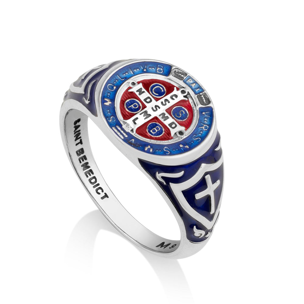 Saint Benedict blue and red enamel dome ring in 925 sterling silver by Marina Jewelry