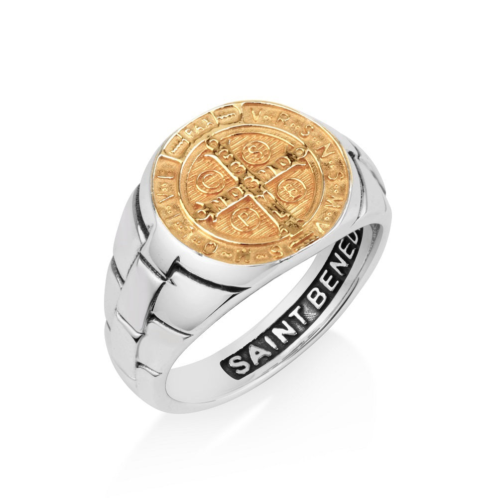 Saint Benedict wide gold-plated signet ring in 925 sterling silver by Marina Jewelry