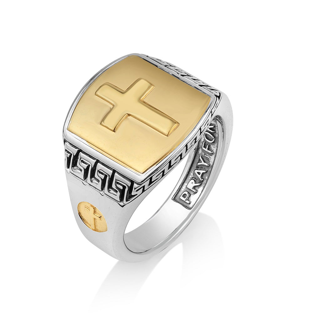 Cross Signet Ring in 925 Sterling Silver, Gold-Plated, Pray For Us