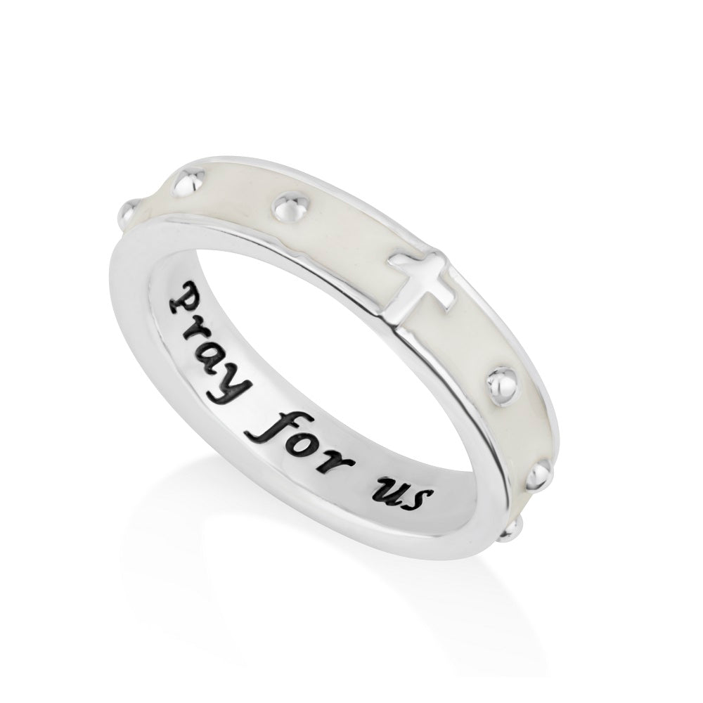 White enamel rosary band ring in 925 sterling silver by Marina Jewelry