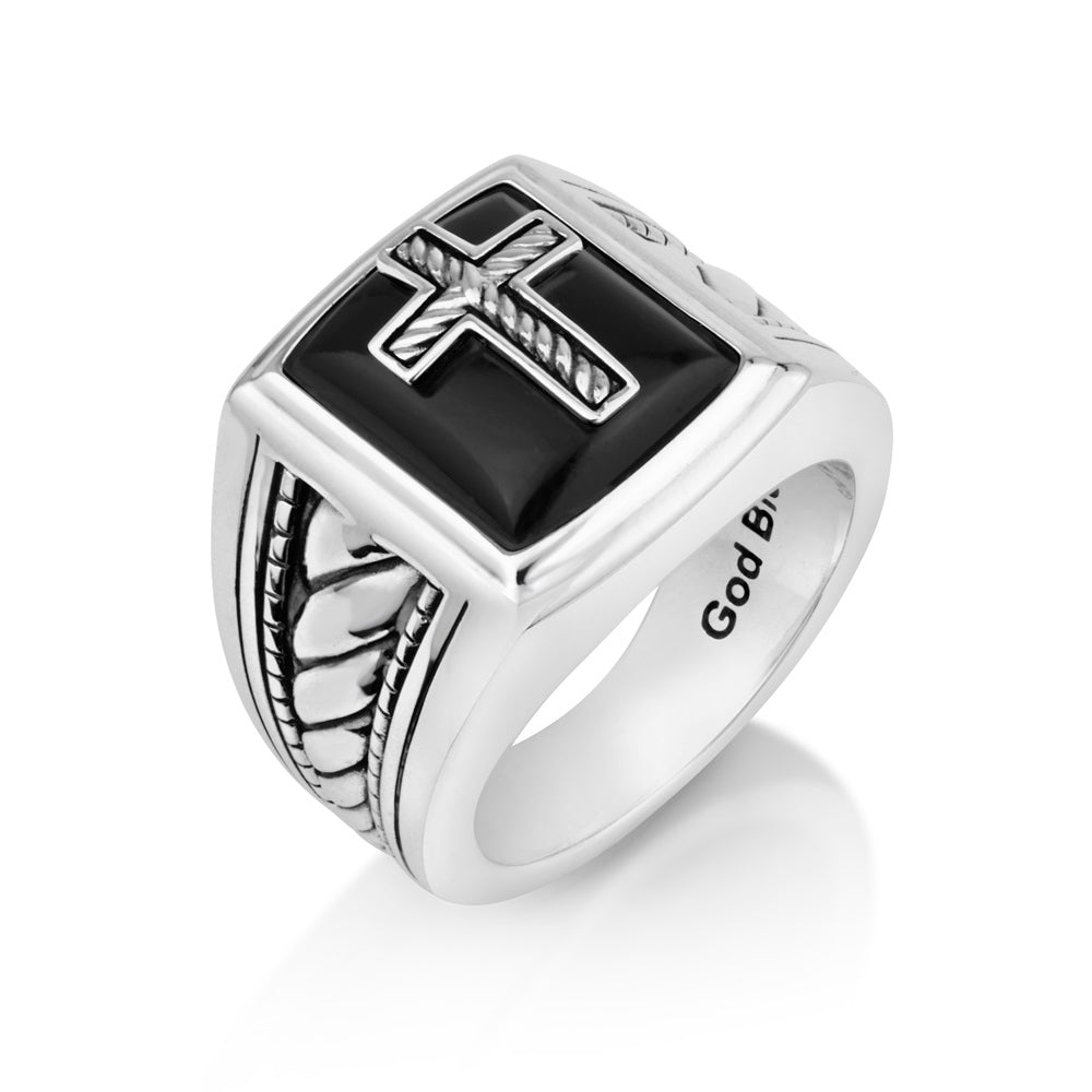 Men's rope-twist onyx cross signet ring in 925 sterling silver by Marina Jewelry
