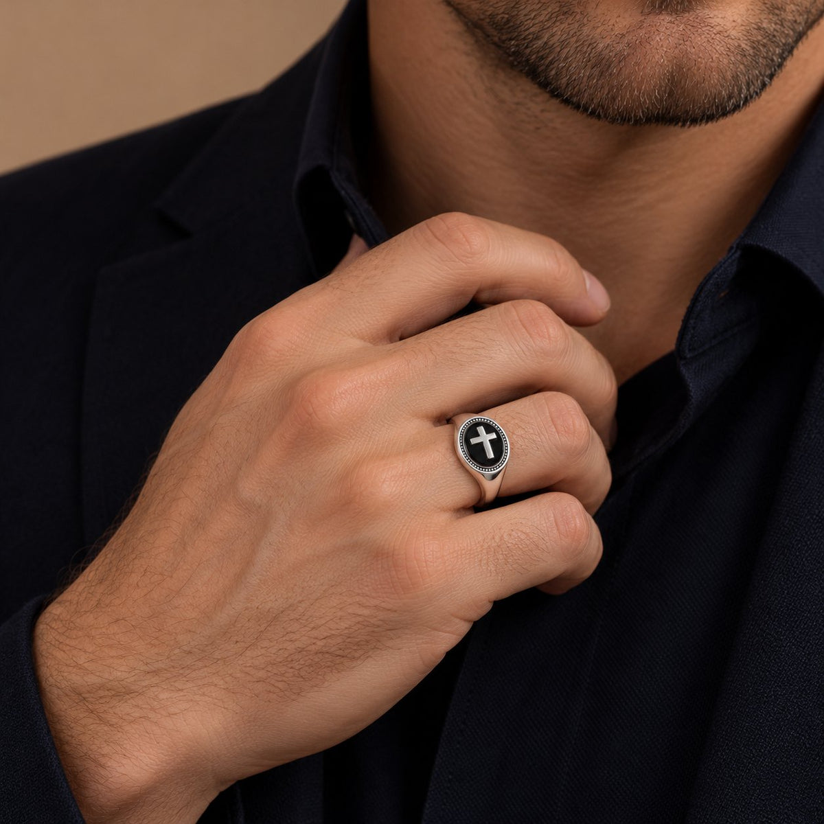 Men's Onyx Cross Signet Ring in 925 Sterling Silver, Oval Milgrain – shown worn