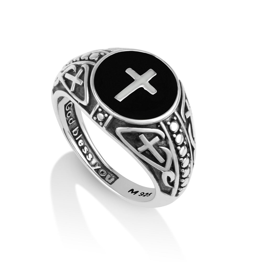 Men's onyx cross filigree signet ring in 925 sterling silver by Marina Jewelry