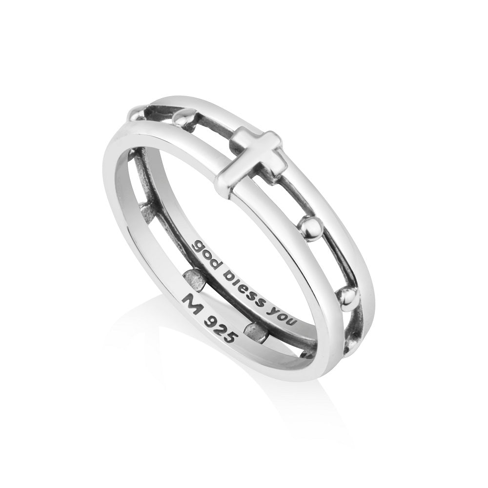 Double-rail open cross rosary band ring in 925 sterling silver by Marina Jewelry