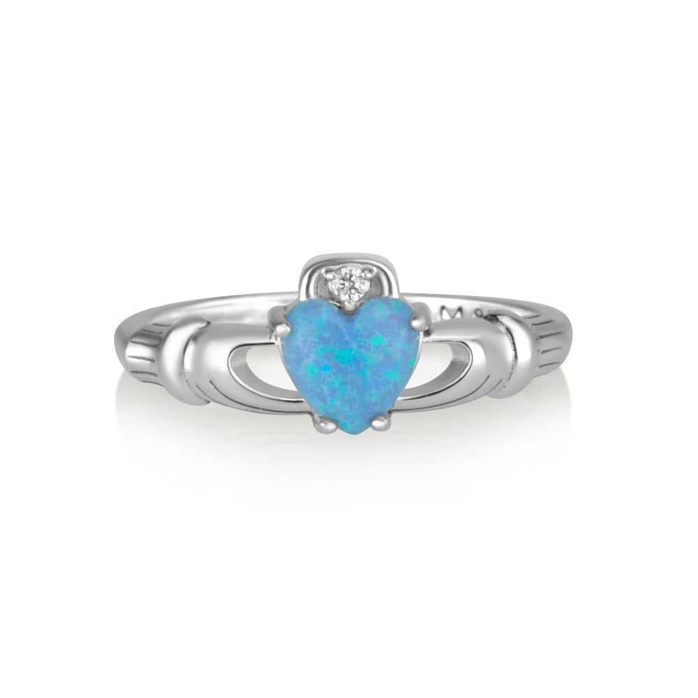 Blue Opal Claddagh Ring in 925 Sterling Silver, White Accent Stone