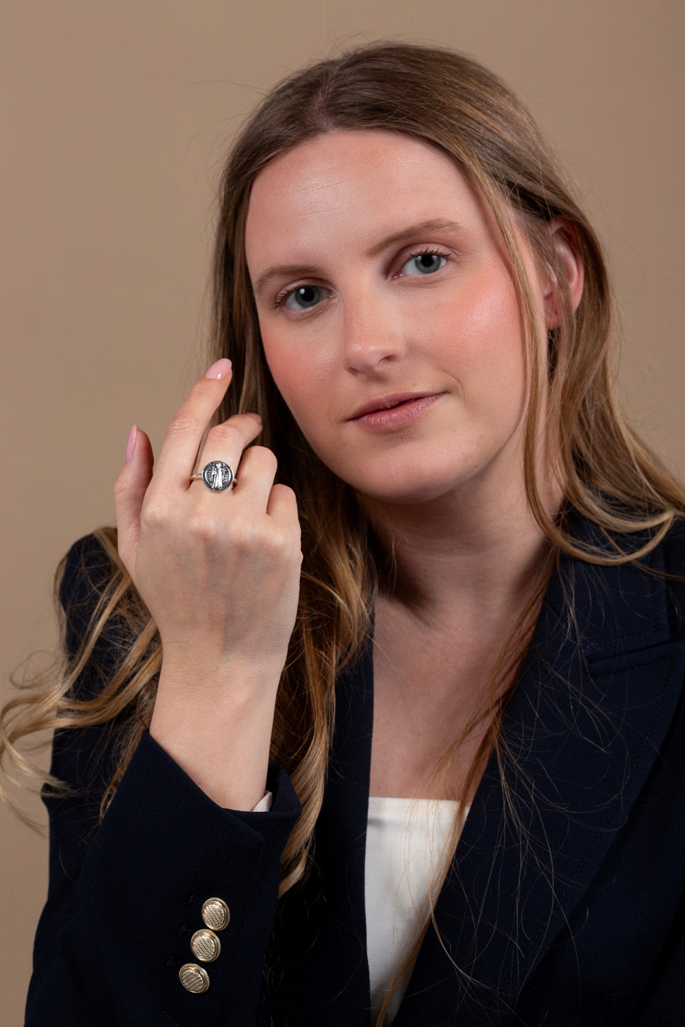 Saint Benedict Medal Ring in 925 Sterling Silver – shown worn