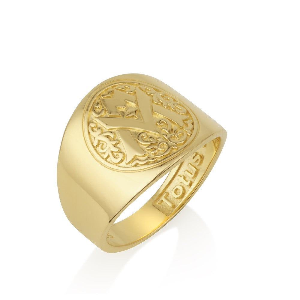 Gold-plated Totus Tuus Marian signet ring with lilies by Marina Jewelry