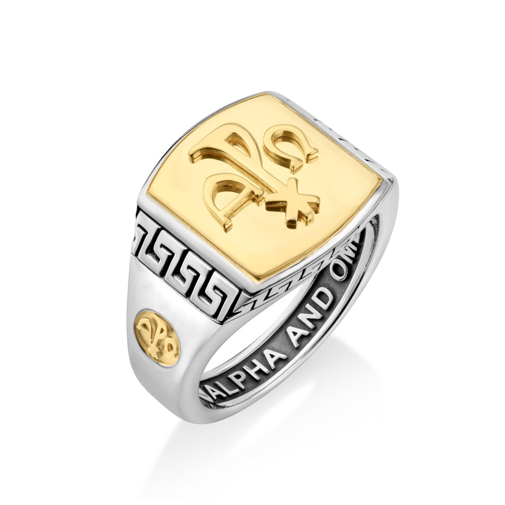Men's Chi-Rho Alpha Omega two-tone signet ring in 925 sterling silver and gold, by Marina Jewelry