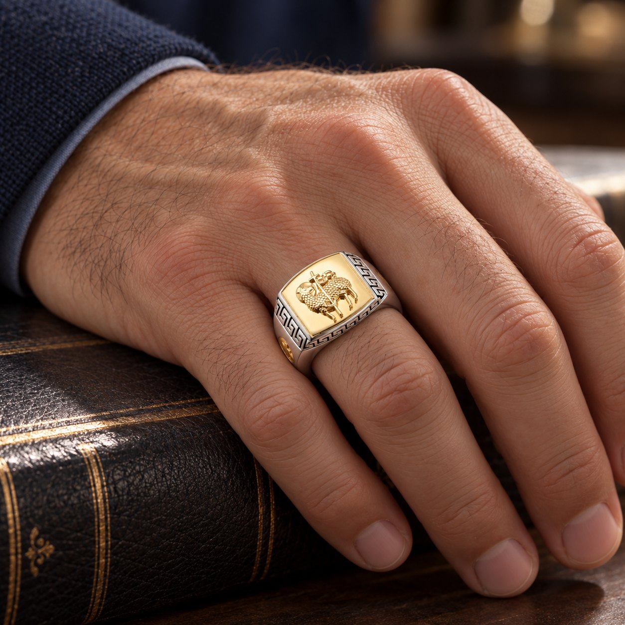 Men's Agnus Dei Lamb of God Signet Ring in 925 Sterling Silver, Two-Tone – shown worn