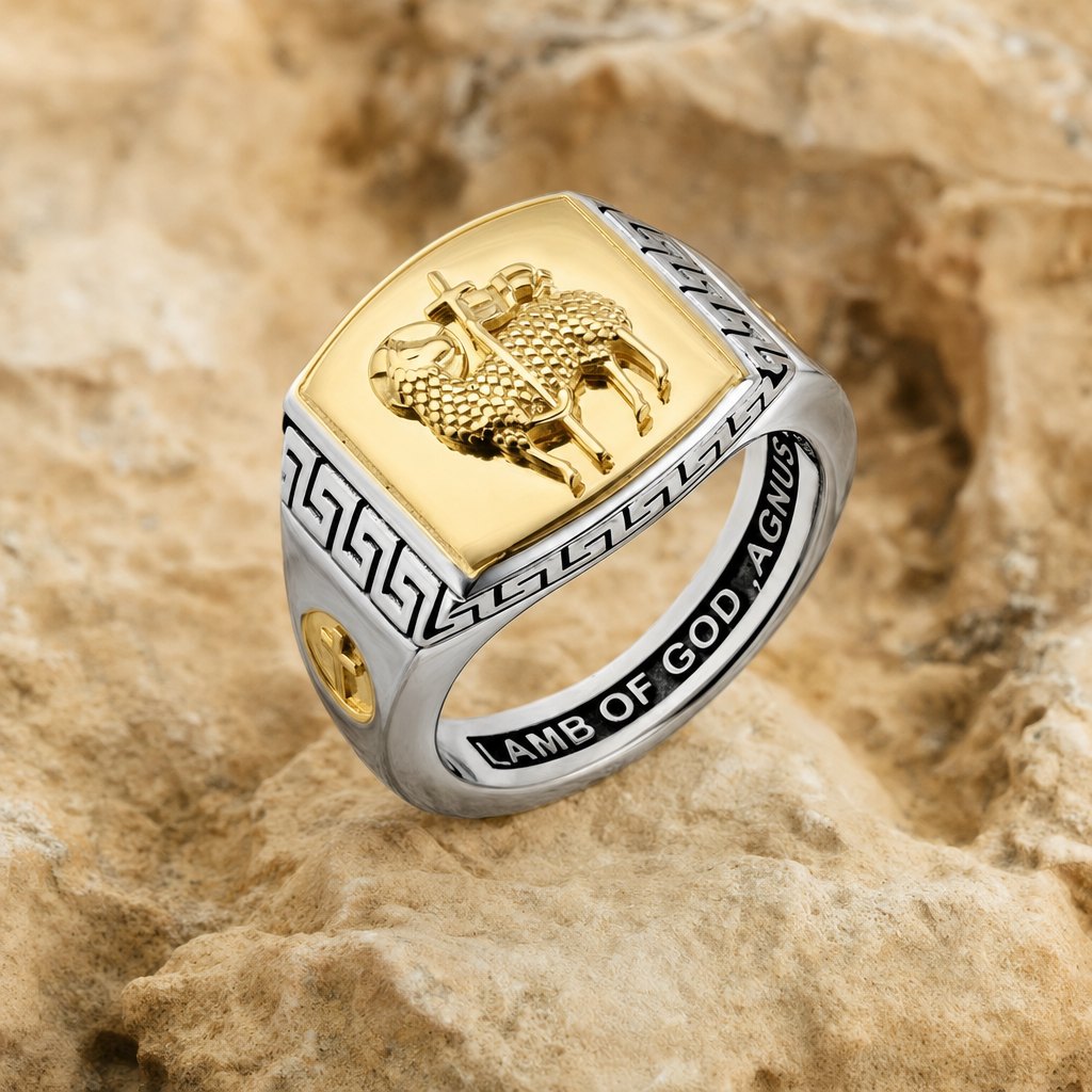 Men's Agnus Dei Lamb of God Signet Ring in 925 Sterling Silver, Two-Tone – on natural stone