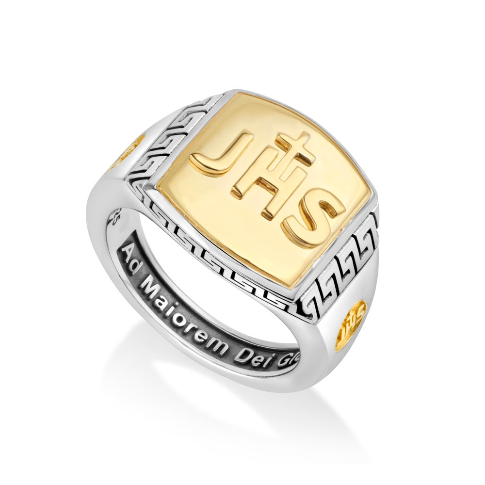 Men's JHS Christogram two-tone signet ring in 925 sterling silver and gold, by Marina Jewelry