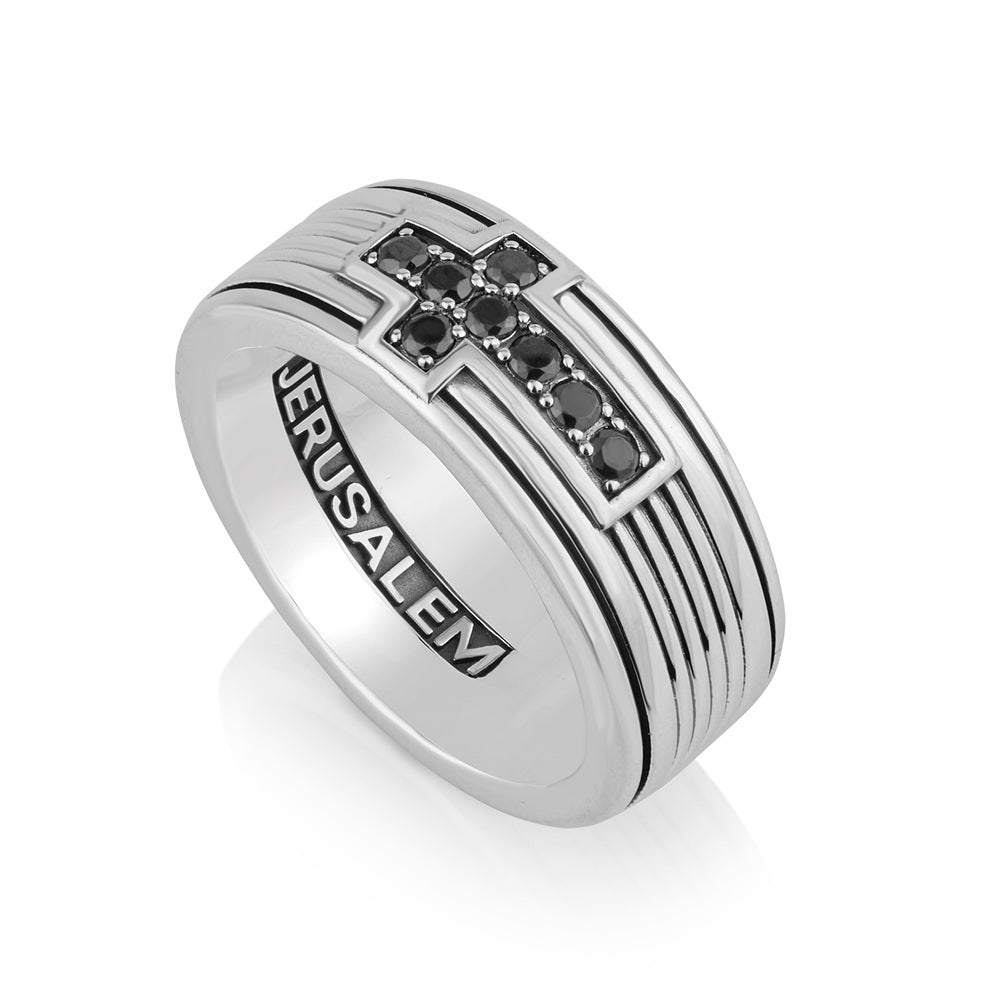 Latin Cross Ring with Pave Black Stones and Woven Band, Sterling Silver