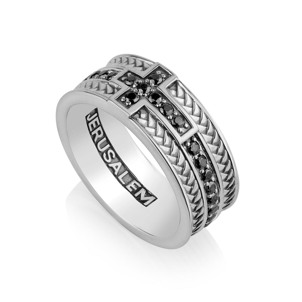 Latin Cross Ring with Pave Black Stones, Oxidized Sterling Silver