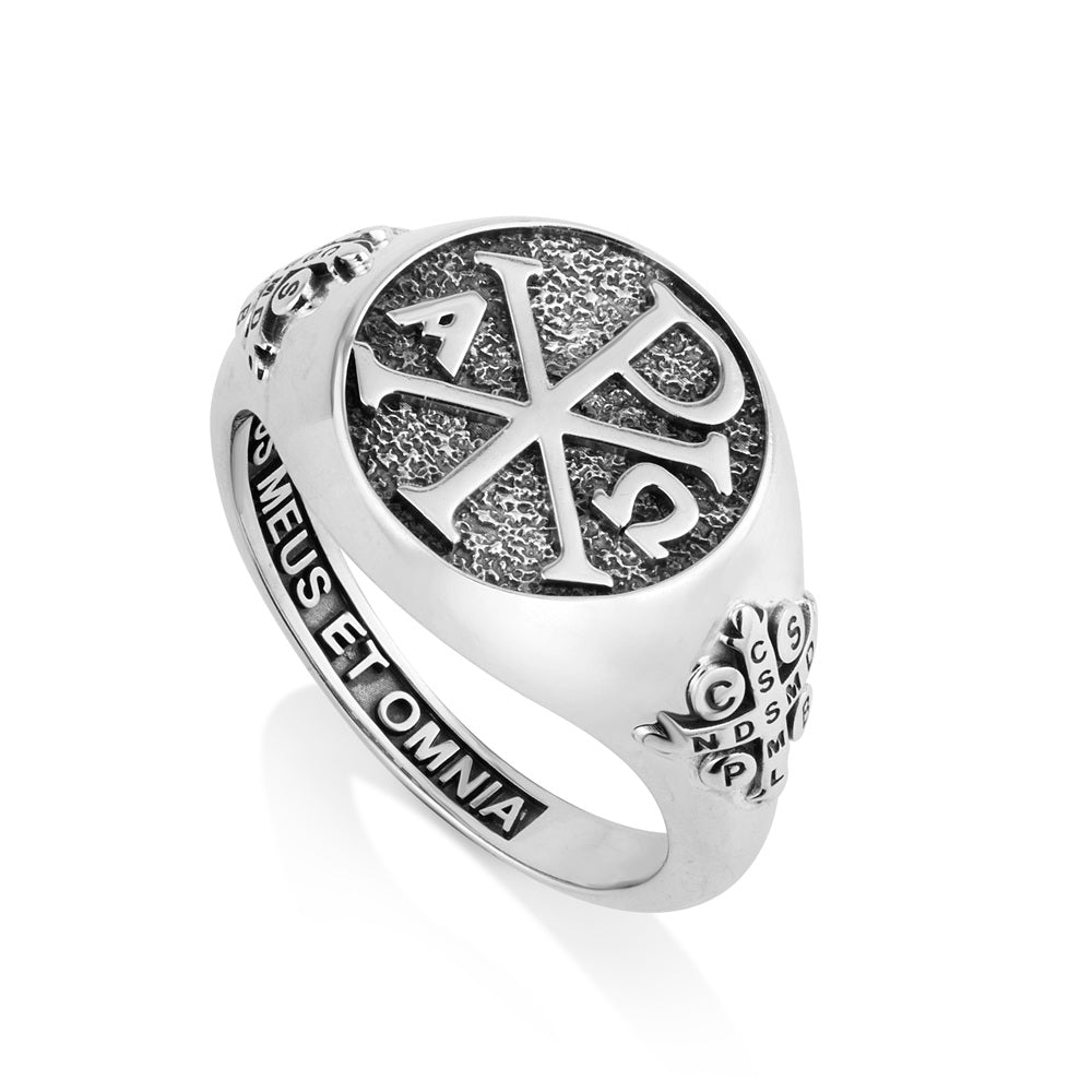 Chi-Rho Ring with Franciscan Motto, Oxidized Sterling Silver