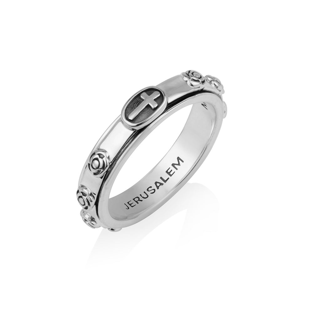 Rose and cross rosary band ring in 925 sterling silver, Jerusalem engraving, by Marina Jewelry
