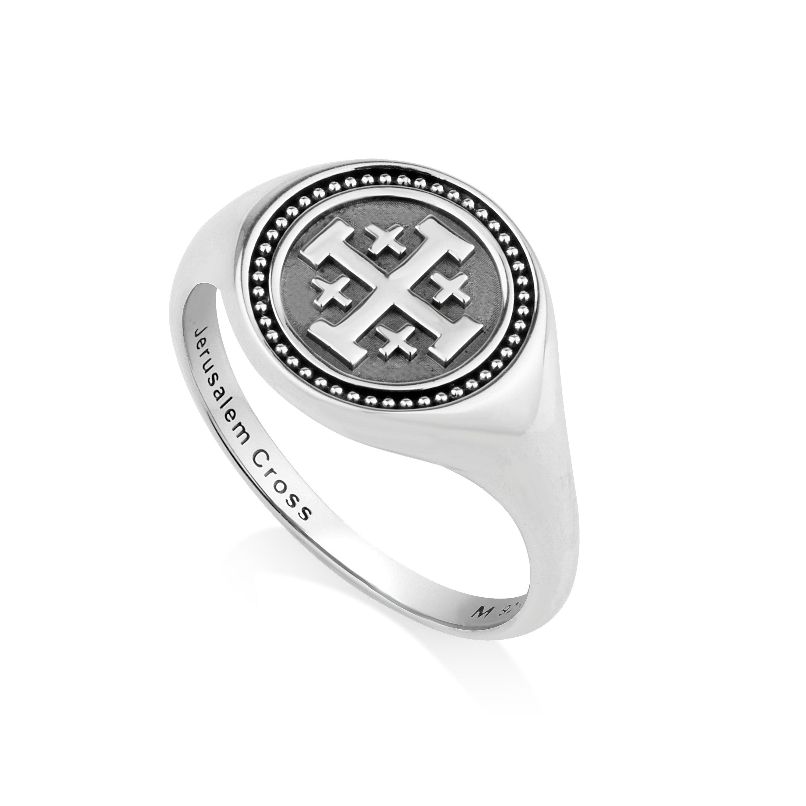 Round beaded Jerusalem Cross signet ring in sterling silver by Marina Jewelry