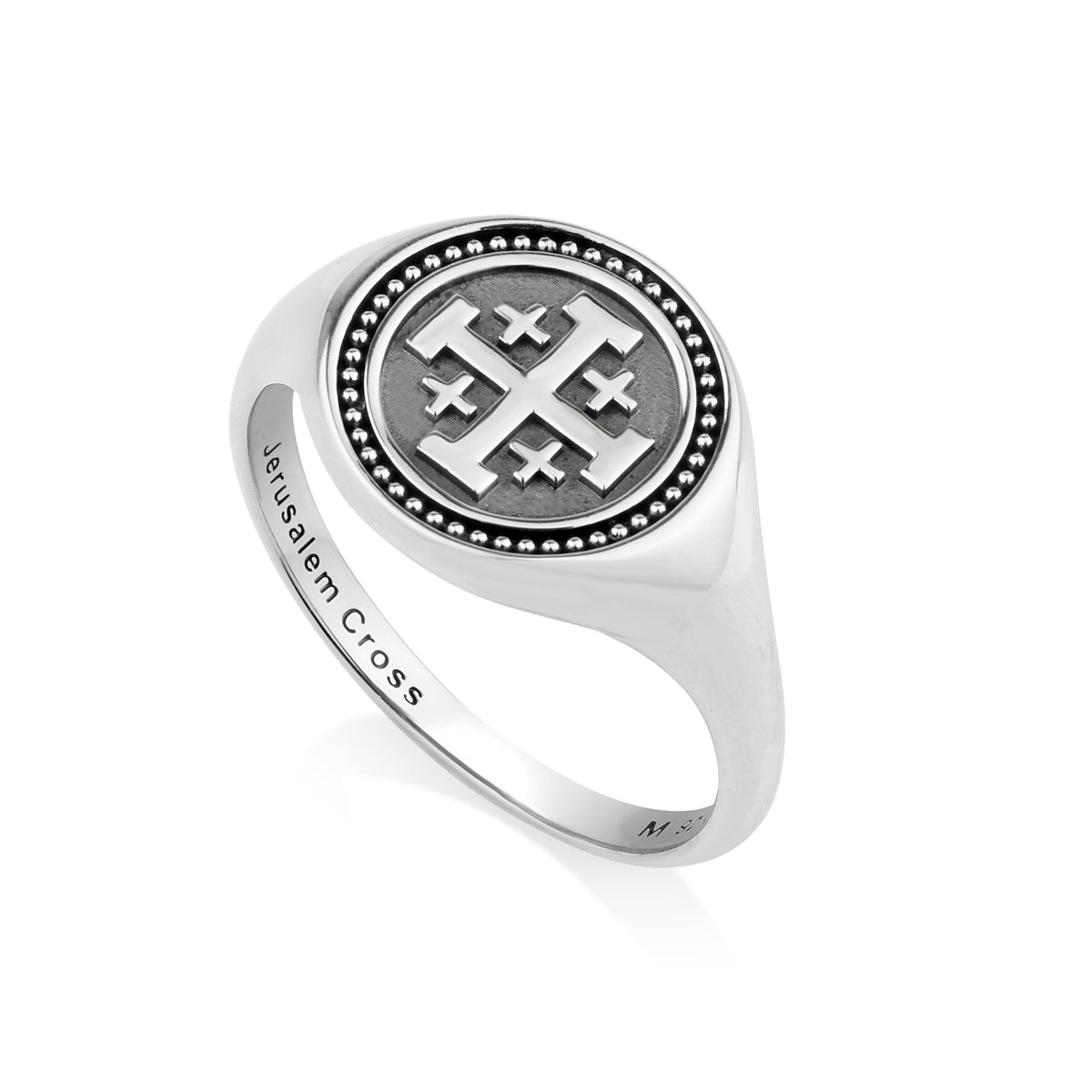 Round beaded Jerusalem Cross signet ring in sterling silver by Marina Jewelry