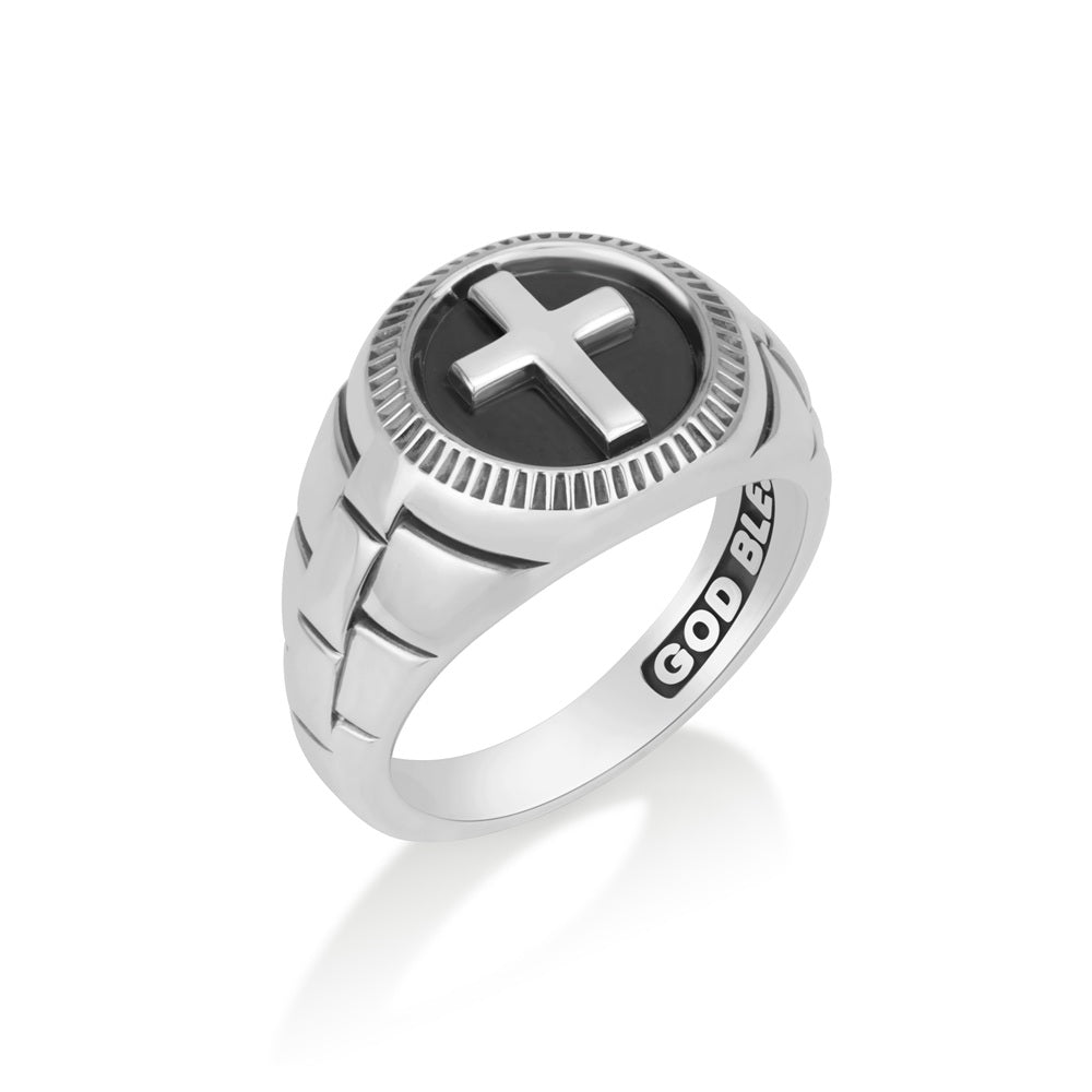 Men's cross signet ring in 925 sterling silver with oxidized face, by Marina Jewelry