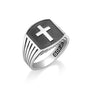 Men's Cross Signet Ring, Oxidized Striped Shoulders