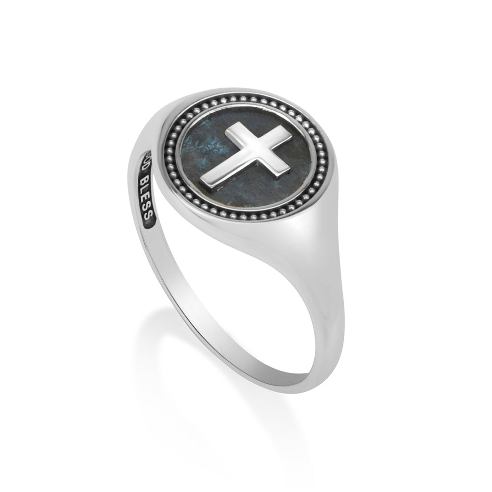 Women's Cross Signet Ring, Blue Patina Milgrain