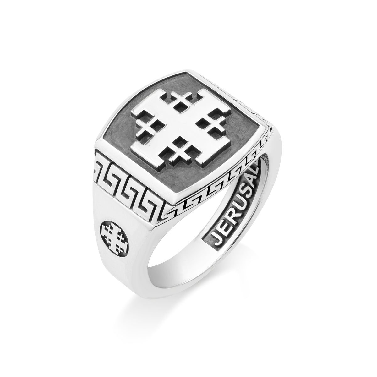 Men's Jerusalem Cross signet ring with Greek key shoulders by Marina Jewelry