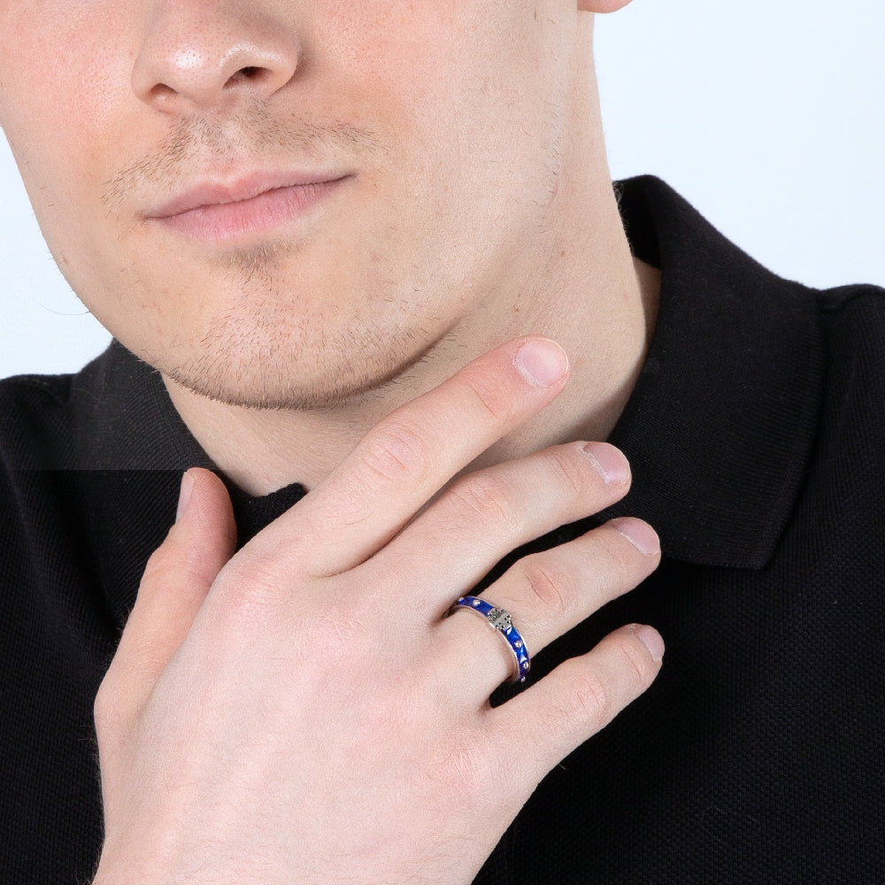 Rosary Band Ring in 925 Sterling Silver, Indigo Enamel – shown worn