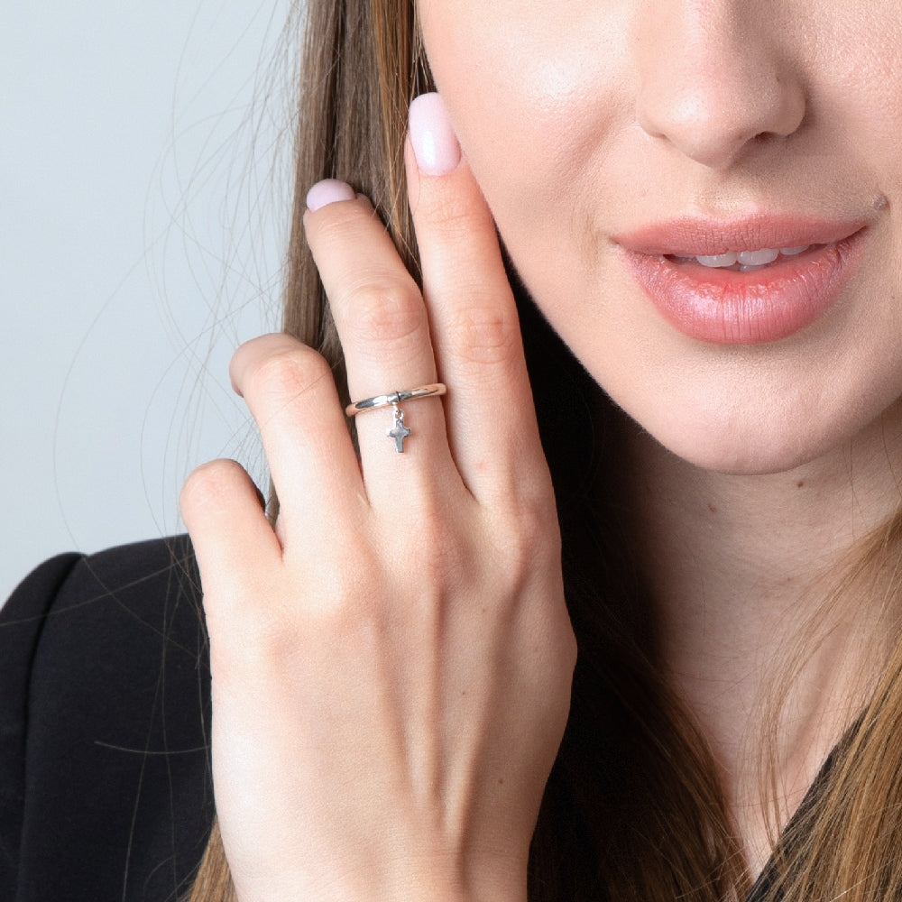 Dangling Cross Charm Ring, Sterling Silver – shown worn