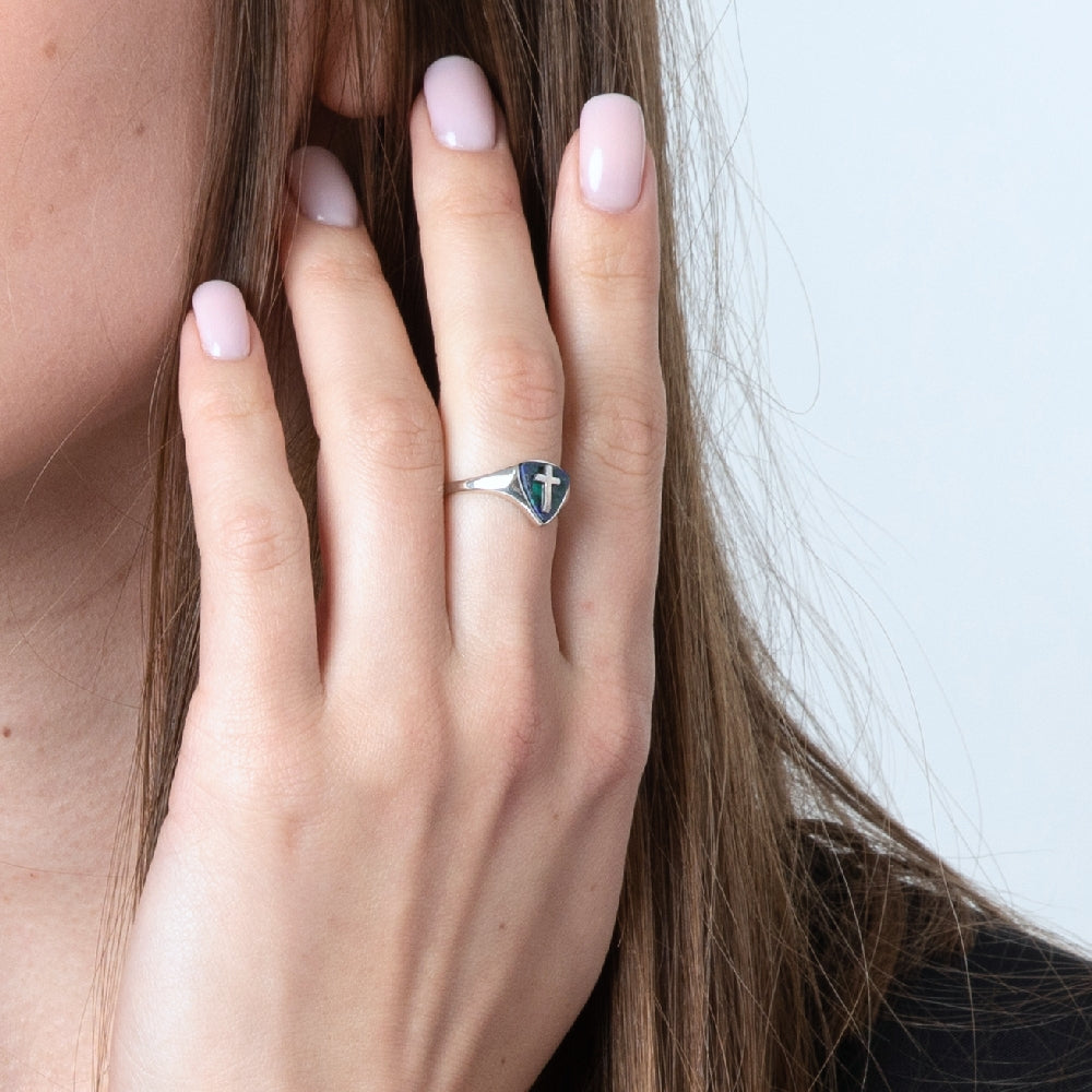 Eilat Stone Shield Signet Ring, Sterling Silver – shown worn