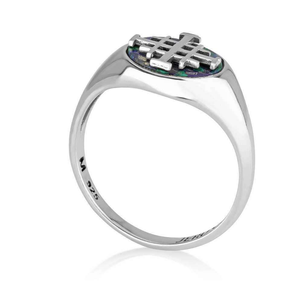 Jerusalem Cross Eilat Stone Signet Ring, Polished Rim, 925 Sterling Silver