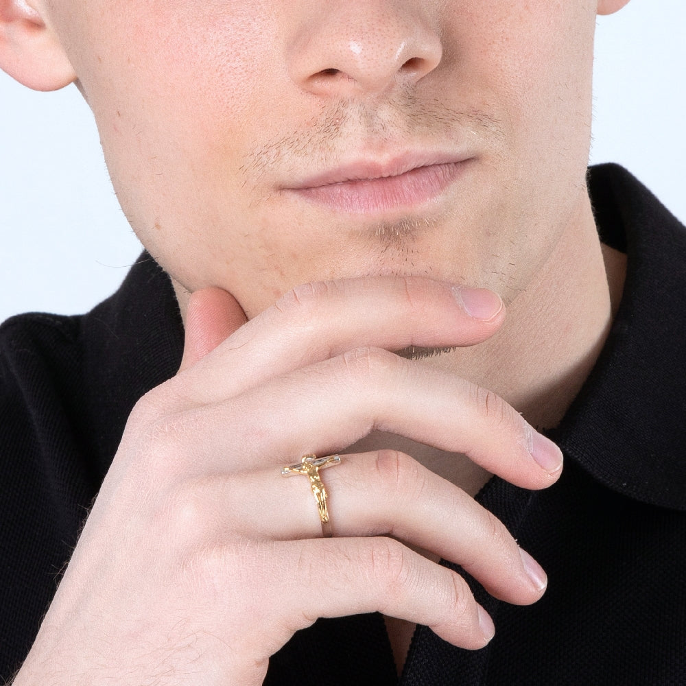 Crucifix Ring in Sterling Silver with Gold-Plated Christ Figure – shown worn, close-up