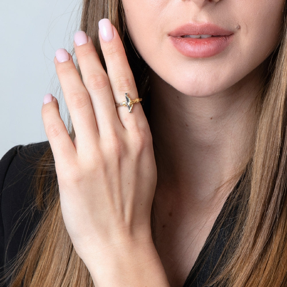 Crucifix Ring in Sterling Silver with Gold-Plated Christ Figure – shown worn