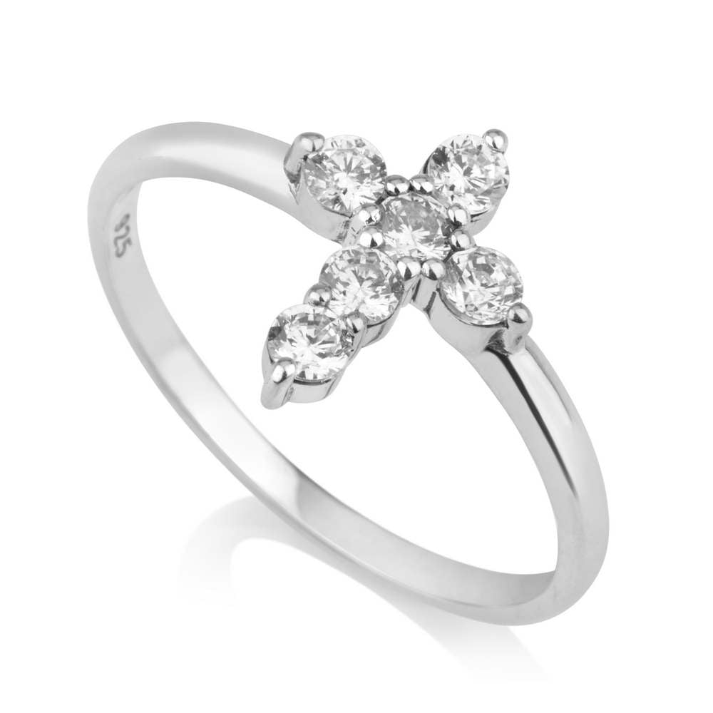 Sparkling cubic zirconia cross ring in 925 sterling silver by Marina Jewelry
