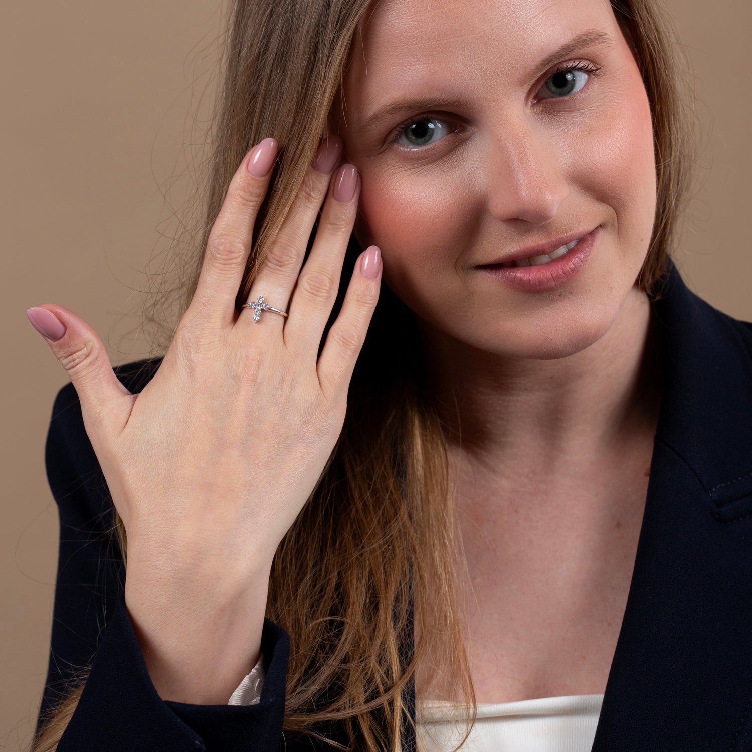 Sparkling Zircon Cross Ring, Sterling Silver – shown worn
