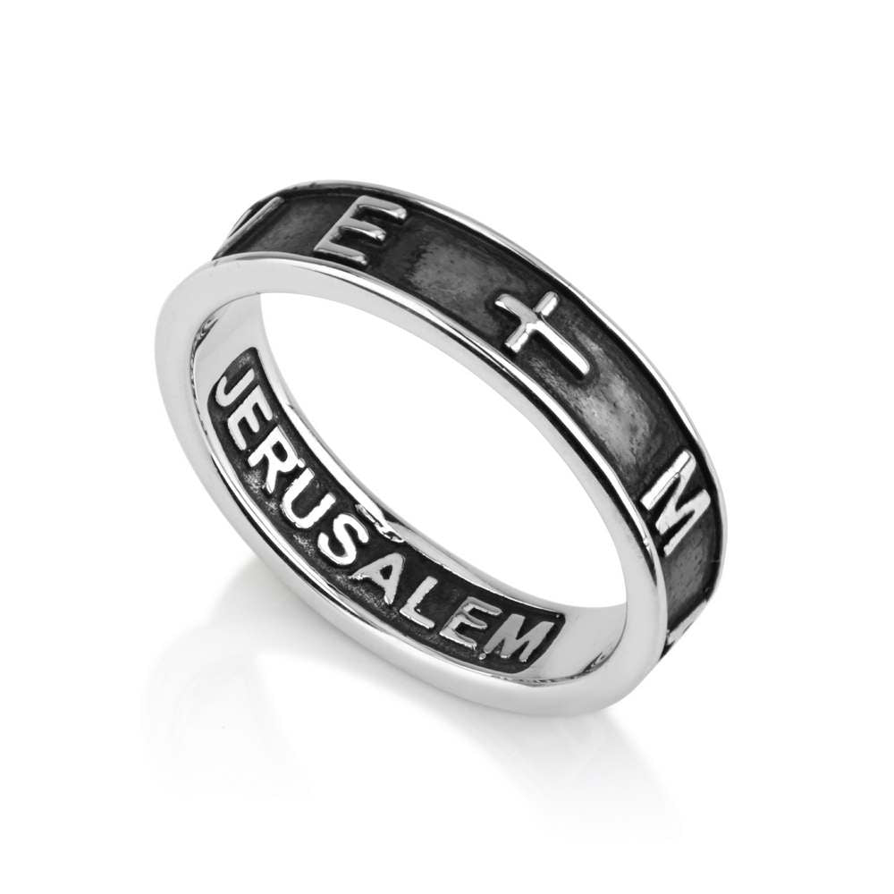 Jerusalem Inscription Band Ring, Sterling Silver Oxidized