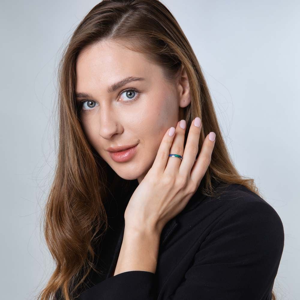 Eilat Stone Inlay Band Ring in 925 Sterling Silver – shown worn