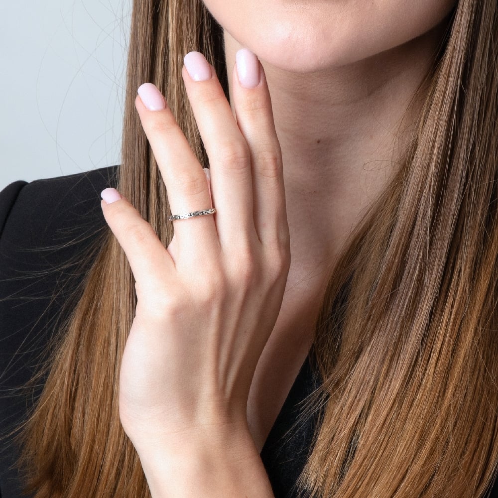 Stackable Swirl Band Ring in 925 Sterling Silver, Oxidized – shown worn