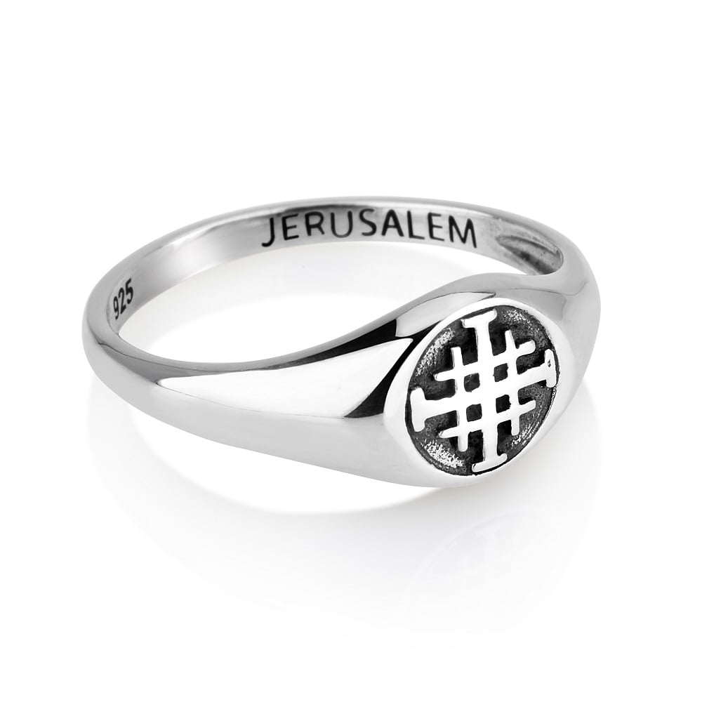 Oxidized Jerusalem Cross Signet Purity Ring in 925 Sterling Silver by Marina Jewelry